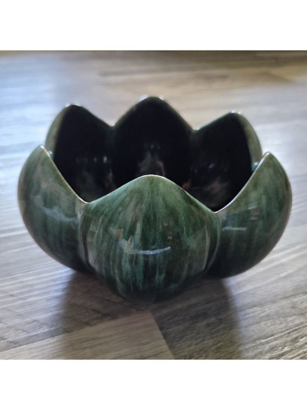 Vintage Ceramic Flower Bowl Mid Century Modern Deep Forest Green Petal Planter